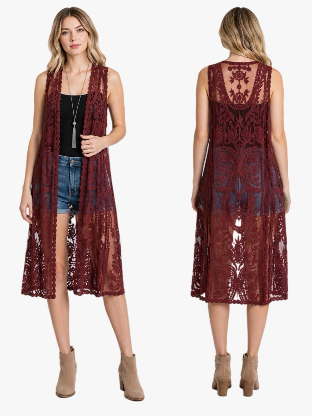 Rue 21 Burgundy Lace Duster Vest Sheer Open Front Boho Festival Size Large L